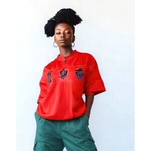 80s Street Scenes Top Womens Size Medium Raglan Sleeve Patches Banded Orange